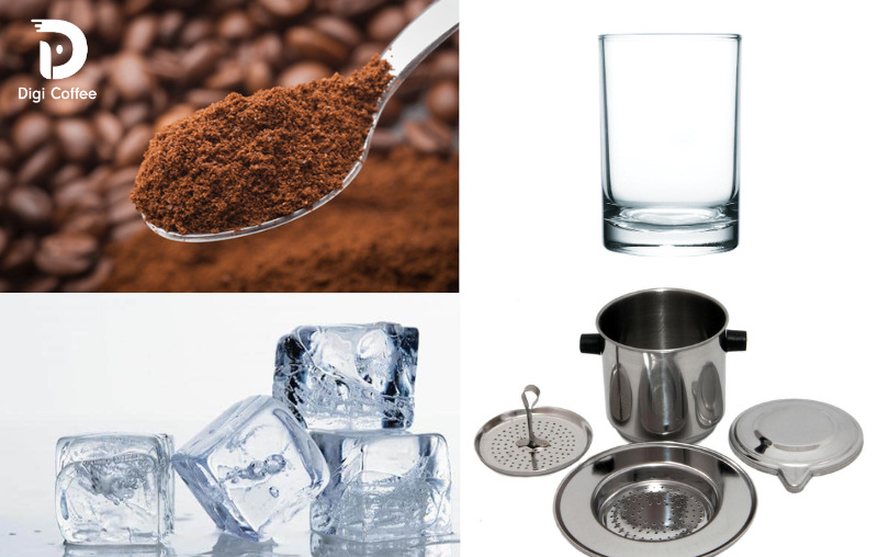 Nguyên liệu và dụng cụ để pha một ly cà phê sữa đá